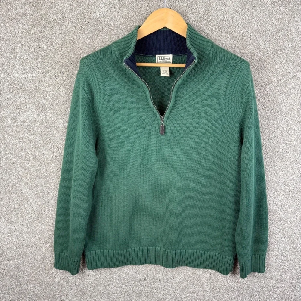 LL Bean Mens Large Green 100% Cotton Quarter Zip Pullover Sweater Regular
